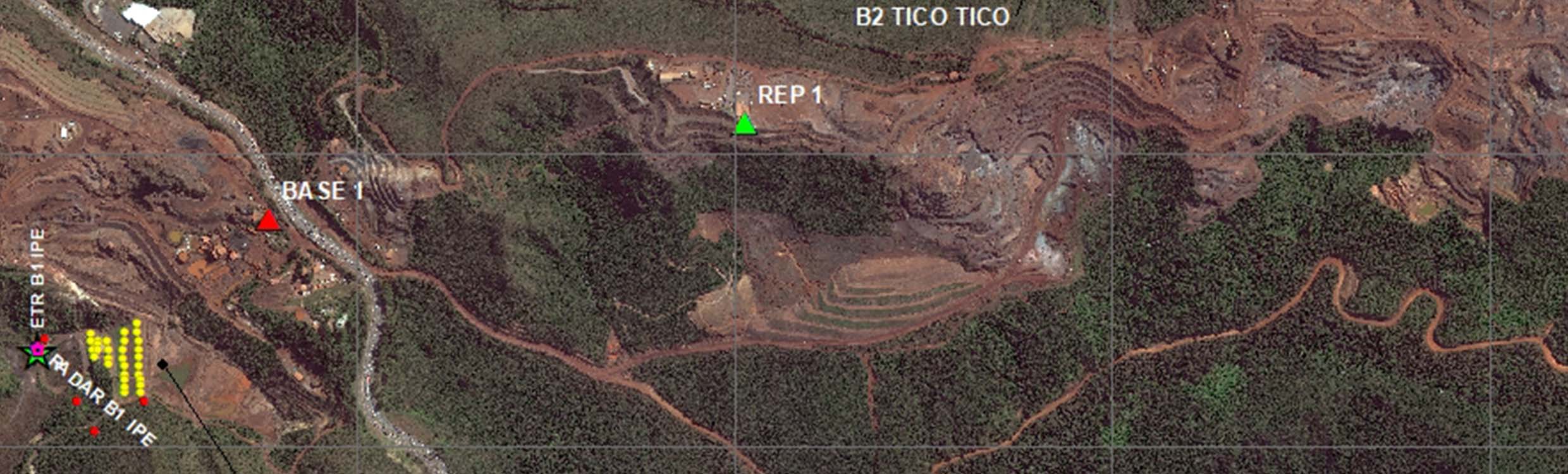 aerial map depicting monitoring technologies at a tailings dam in Brazil